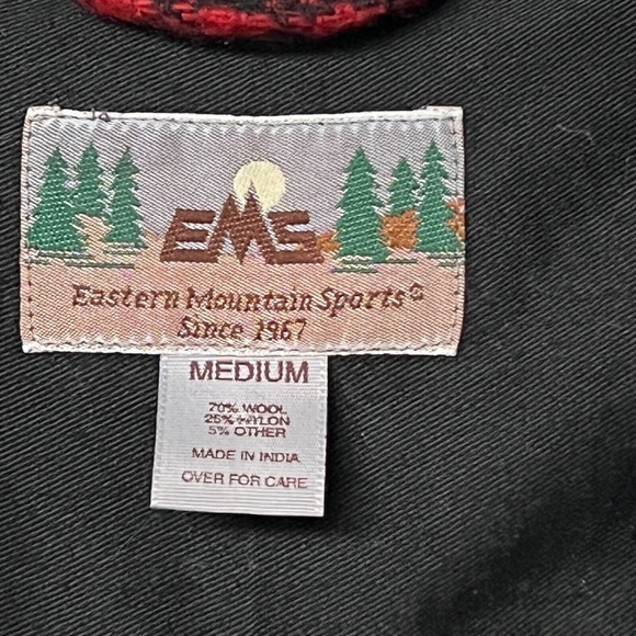 EMS Wool Shirt Jacket Black & Red Print Check Size M Eastern Mountain Wool Blend - Picture 7 of 7